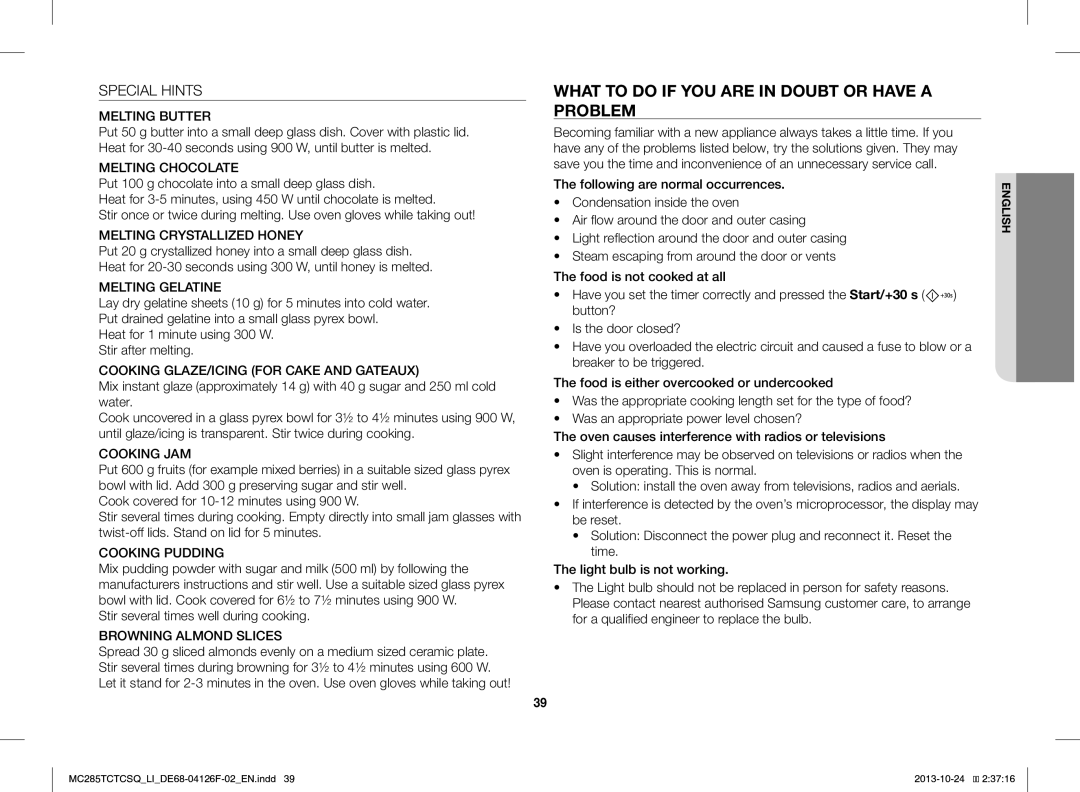 Samsung MC285TCTCSQ/LI manual What to do if YOU are in Doubt or have a Problem, Special Hints 