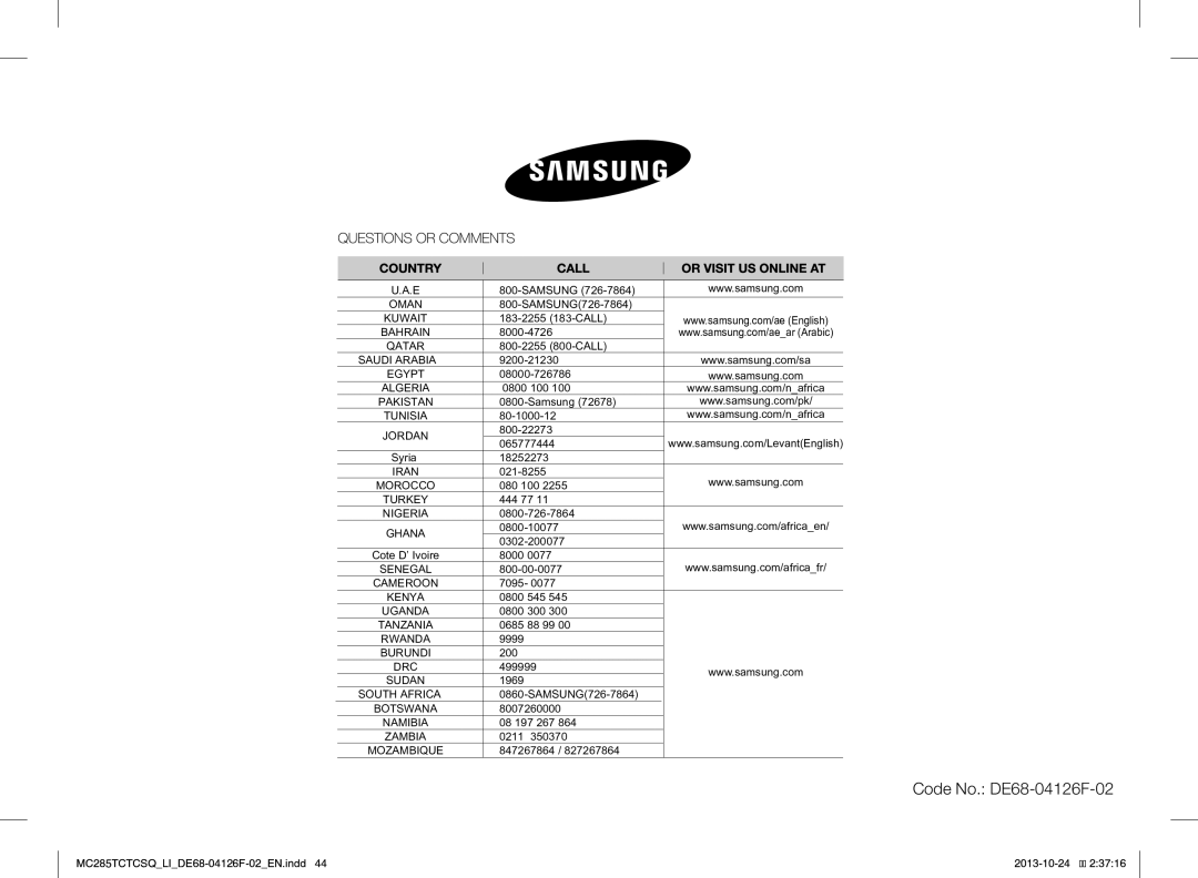 Samsung MC285TCTCSQ/LI manual Code No. DE68-04126F-02 