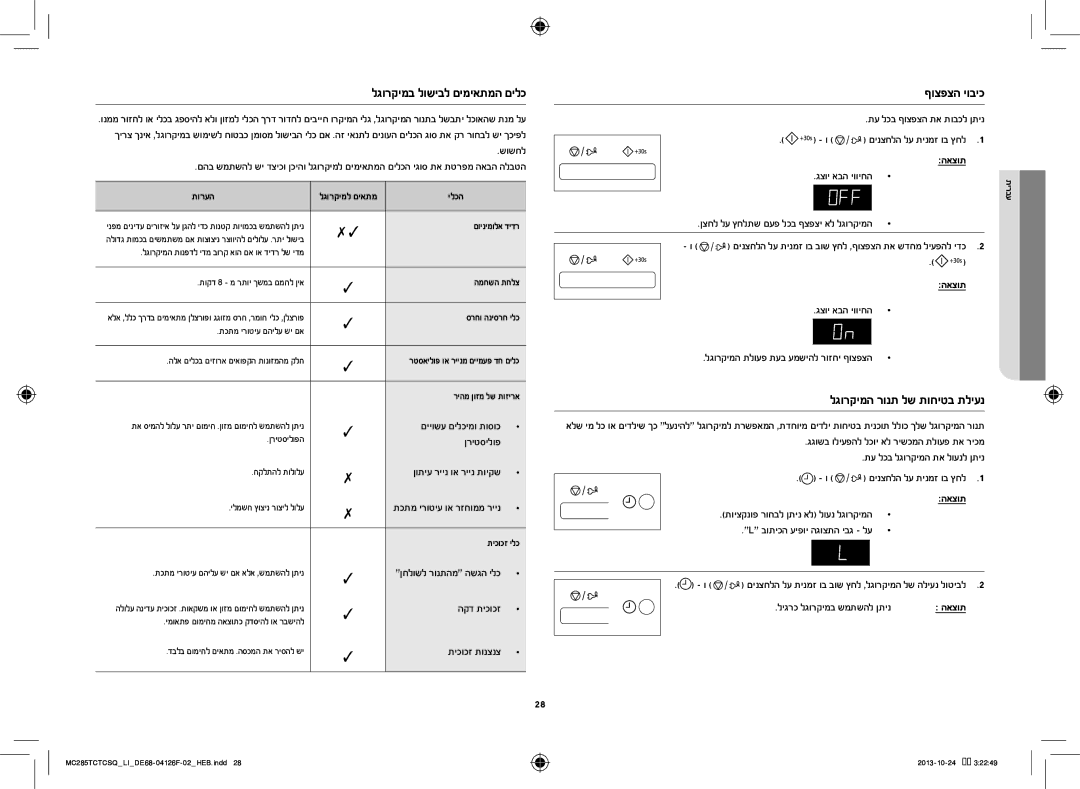 Samsung MC285TCTCSQ/LI manual ףוצפצה יוביכ, לגורקימה רונת לש תוחיטב תליענ 