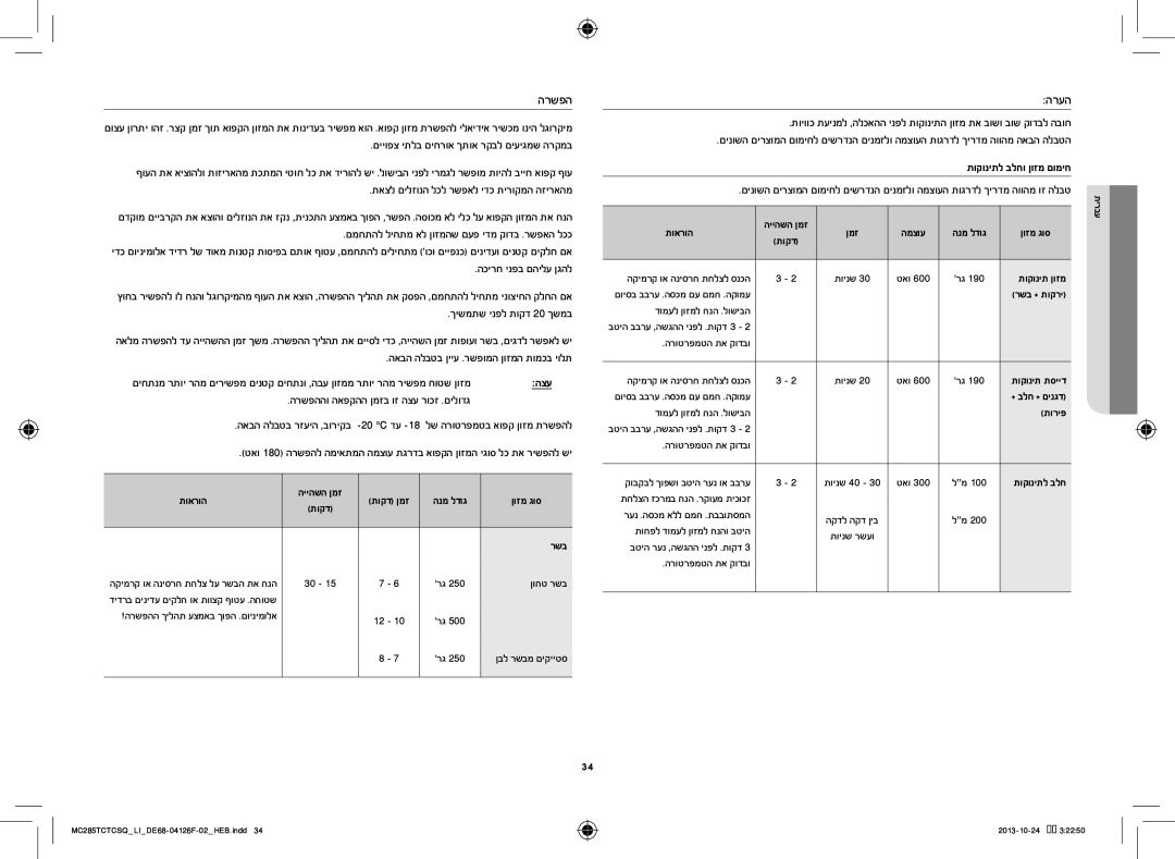 Samsung MC285TCTCSQ/LI manual הרשפה, הרעה, תאצל םילזונה לכל רשפאל ידכ תירוקמה הזיראהמ, ךישמתש ינפל תוקד 20 ךשמב 