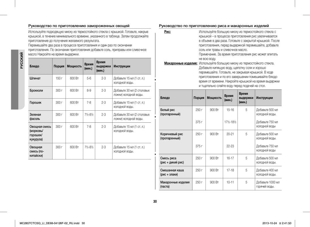 Samsung MC285TCTCSQ/LI manual Руководство по приготовлению замороженных овощей, Рис, Соль или травы и сливочное масло 