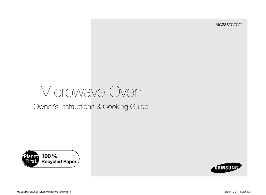 Samsung MC285TCTCSQ/LI Microwave Oven, This manual is made with 100 % recycled paper 