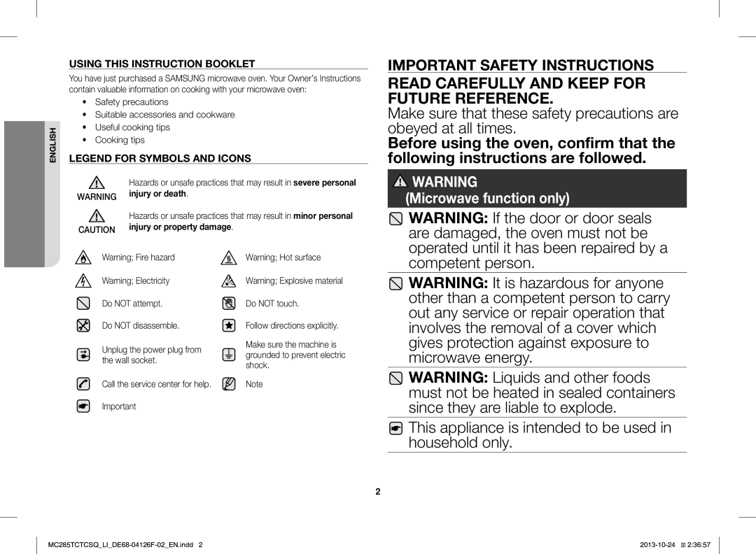 Samsung MC285TCTCSQ/LI manual Injury or death 