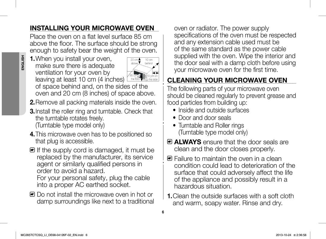 Samsung MC285TCTCSQ/LI manual Installing Your Microwave Oven 