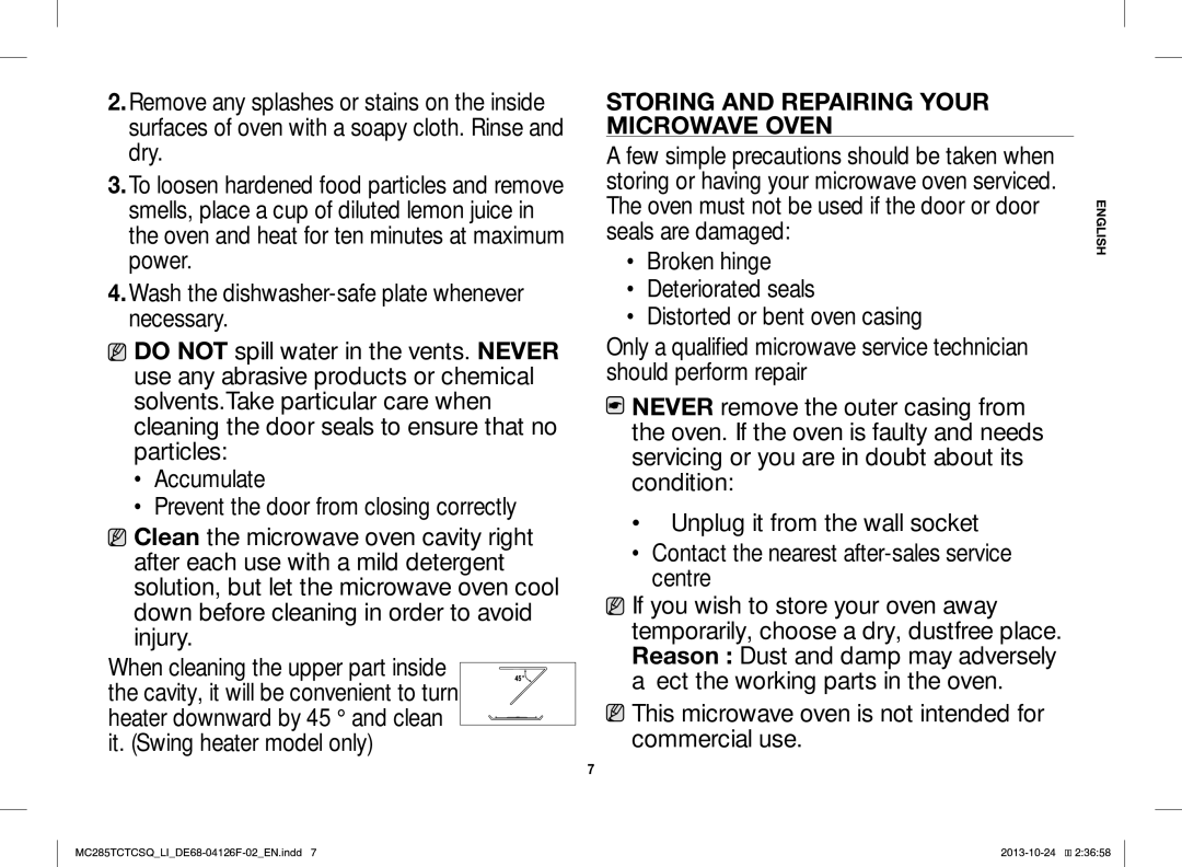 Samsung MC285TCTCSQ/LI manual Storing and Repairing Your Microwave Oven 