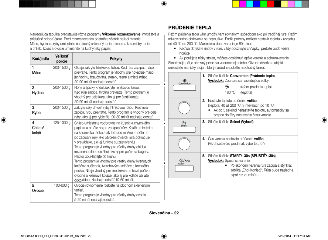 Samsung MC286TATCSQ/EO manual Prúdenie Tepla, Kód/jedlo, Stlačte tlačidlo Select Vybrať 