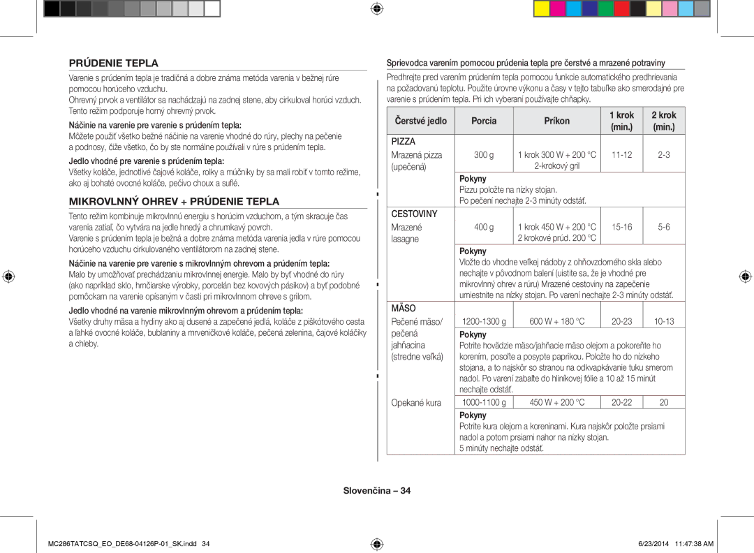 Samsung MC286TATCSQ/EO manual Mikrovlnný Ohrev + Prúdenie Tepla, Porcia Príkon Krok, Cestoviny, Mäso 