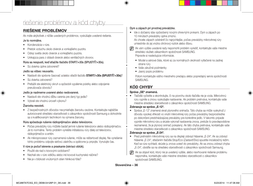 Samsung MC286TATCSQ/EO manual Riešenie problémov a kód chyby, Riešenie Problémov, KÓD Chyby 