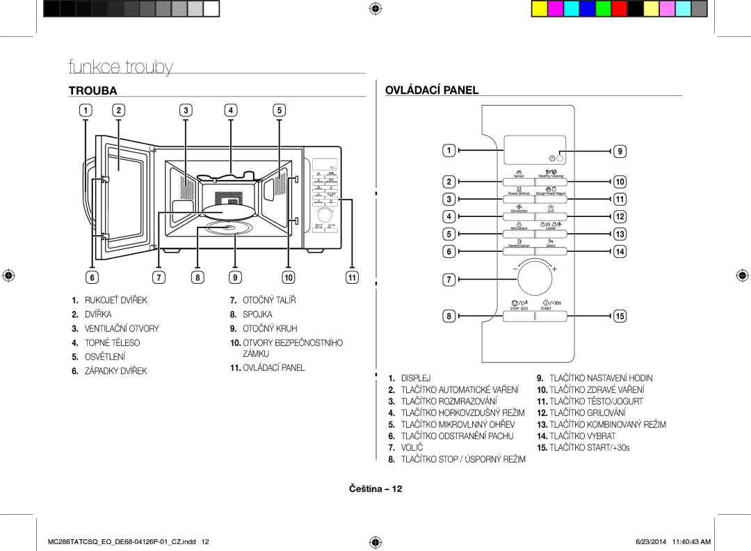 Samsung MC286TATCSQ/EO manual Funkce trouby, Trouba, Osvětlení Zámku Ovládací Panel Západky Dvířek, Tlačítko START/+30s 