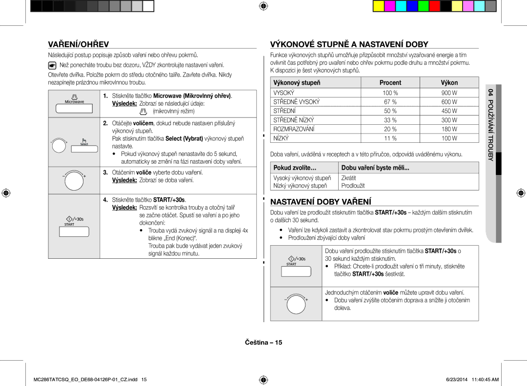 Samsung MC286TATCSQ/EO Vaření/Ohřev, Výkonové Stupně a Nastavení Doby, Nastavení Doby Vaření, Výkonový stupeň Procent 