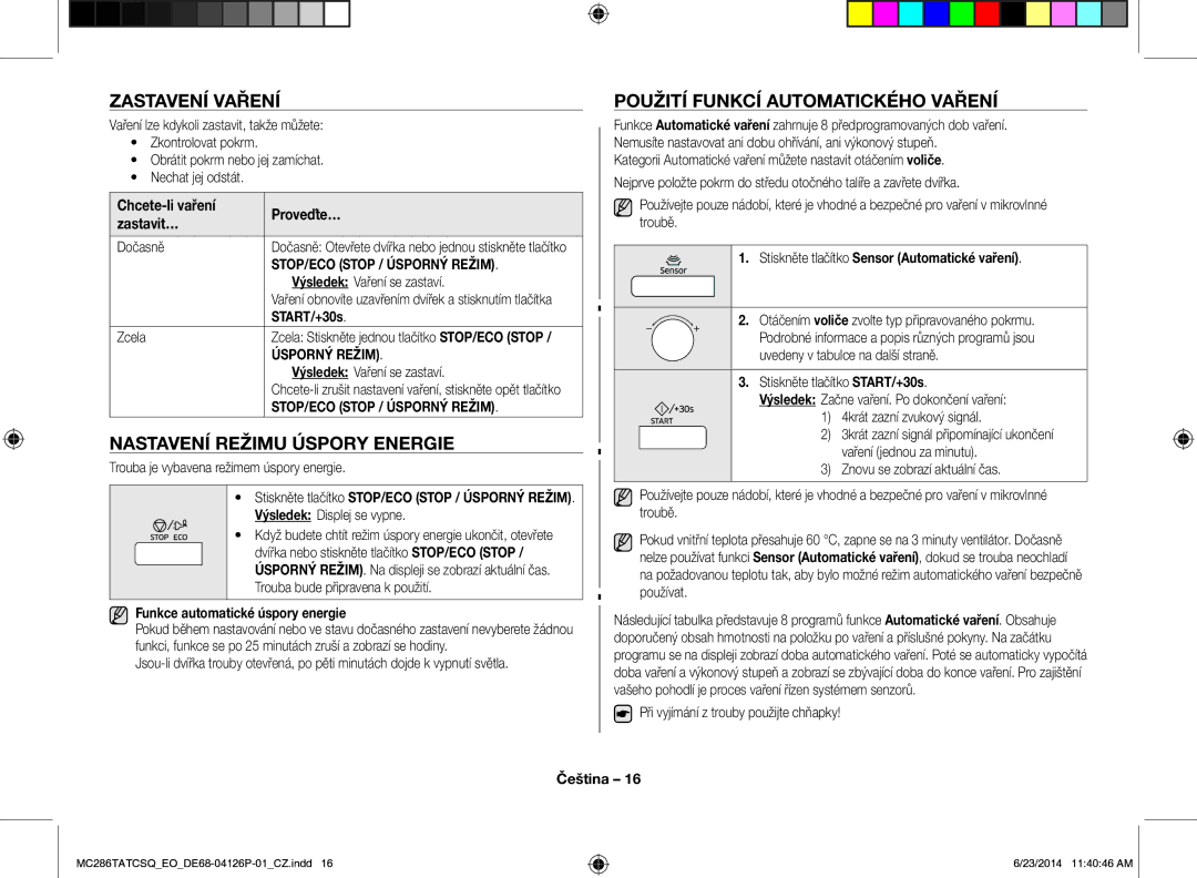 Samsung MC286TATCSQ/EO manual Zastavení Vaření, Nastavení Režimu Úspory Energie, Použití Funkcí Automatického Vaření 