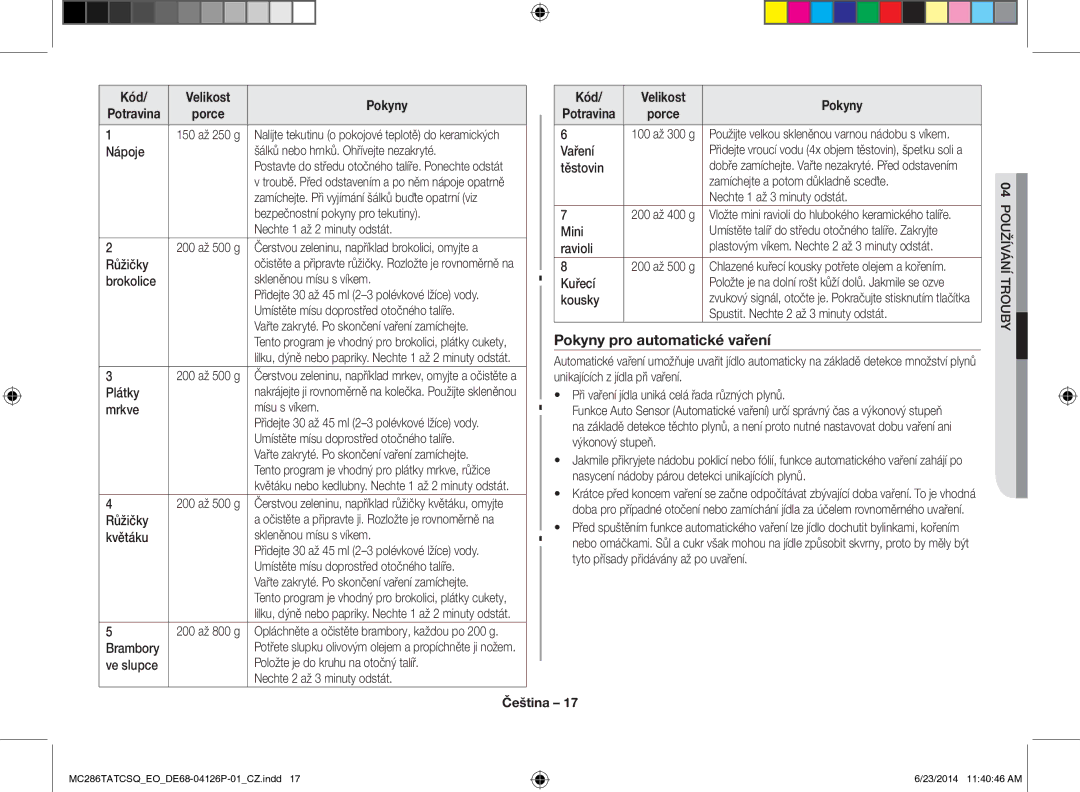 Samsung MC286TATCSQ/EO manual Pokyny pro automatické vaření, Kód Velikost 