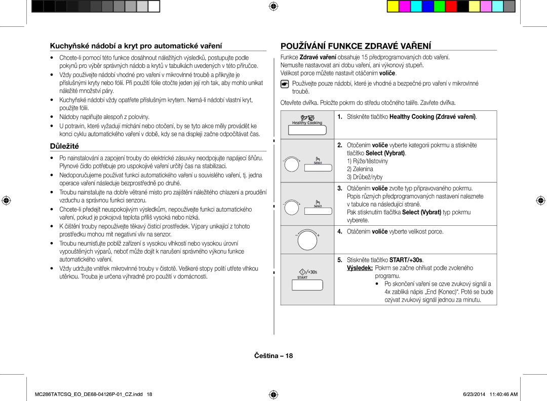 Samsung MC286TATCSQ/EO manual Používání Funkce Zdravé Vaření, Kuchyňské nádobí a kryt pro automatické vaření, Důležité 