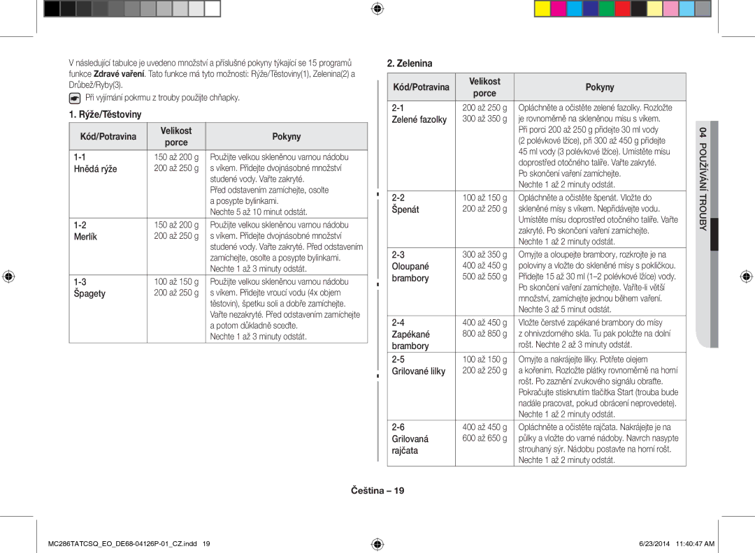 Samsung MC286TATCSQ/EO manual Rýže/Těstoviny, Kód/Potravina Velikost Pokyny 