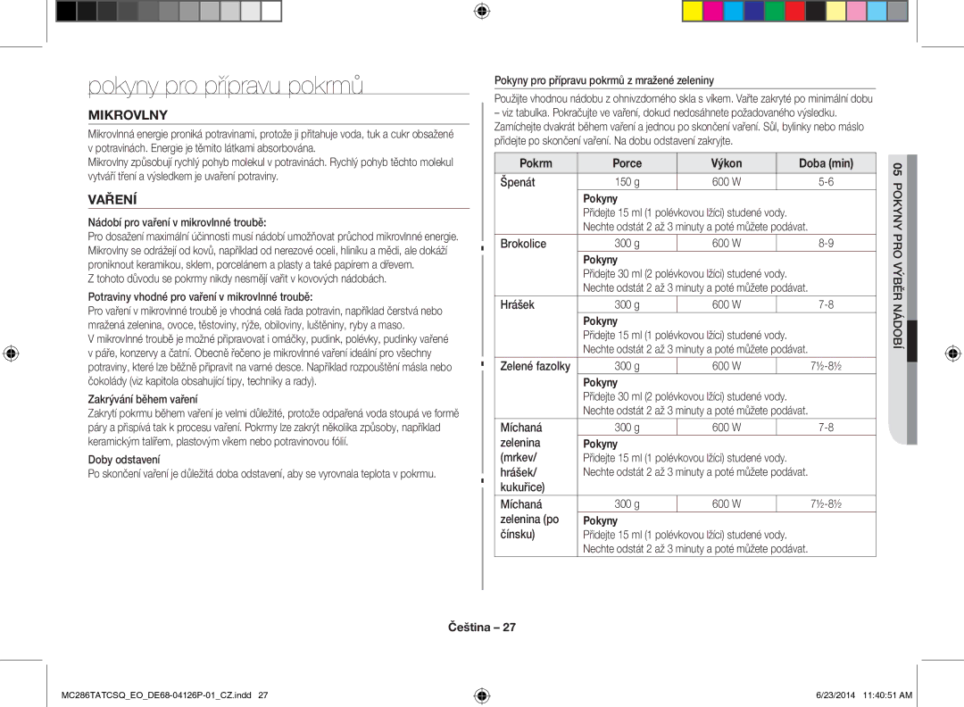 Samsung MC286TATCSQ/EO manual Pokyny pro přípravu pokrmů, Mikrovlny, Vaření, Pokrm Porce Výkon Doba min 