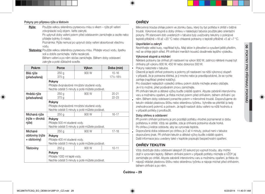 Samsung MC286TATCSQ/EO manual Ohřev Tekutin, Rýže, Pokyny PRO Přípravu Pokrmů 