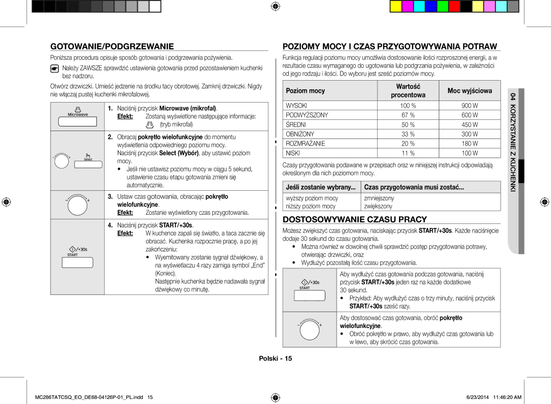 Samsung MC286TATCSQ/EO Gotowanie/Podgrzewanie, Poziomy Mocy I Czas Przygotowywania Potraw, Dostosowywanie Czasu Pracy 