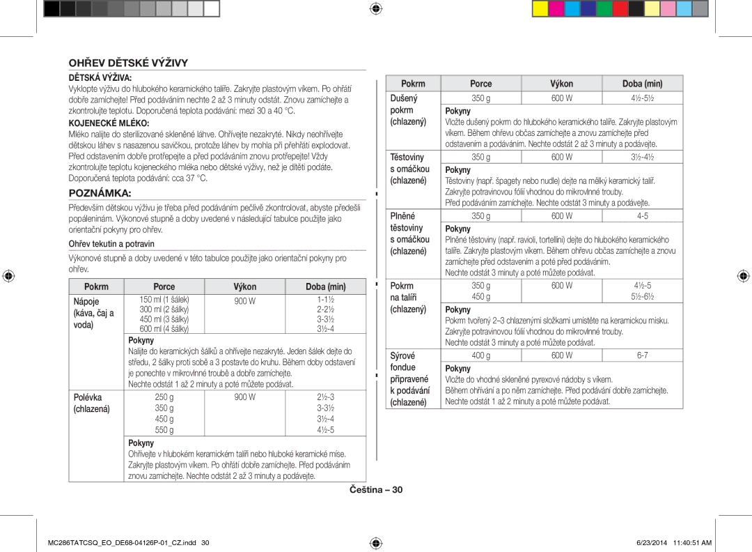 Samsung MC286TATCSQ/EO manual Ohřev Dětské Výživy 