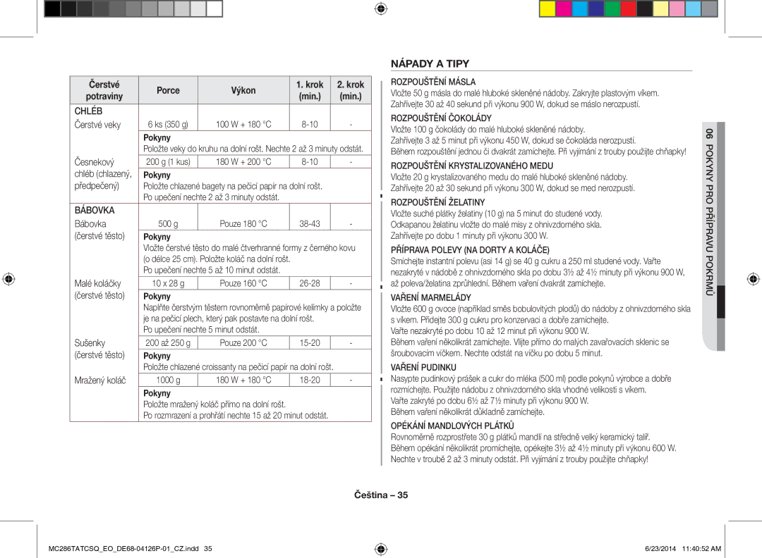 Samsung MC286TATCSQ/EO manual Nápady a Tipy, Čerstvé Porce Výkon Krok 