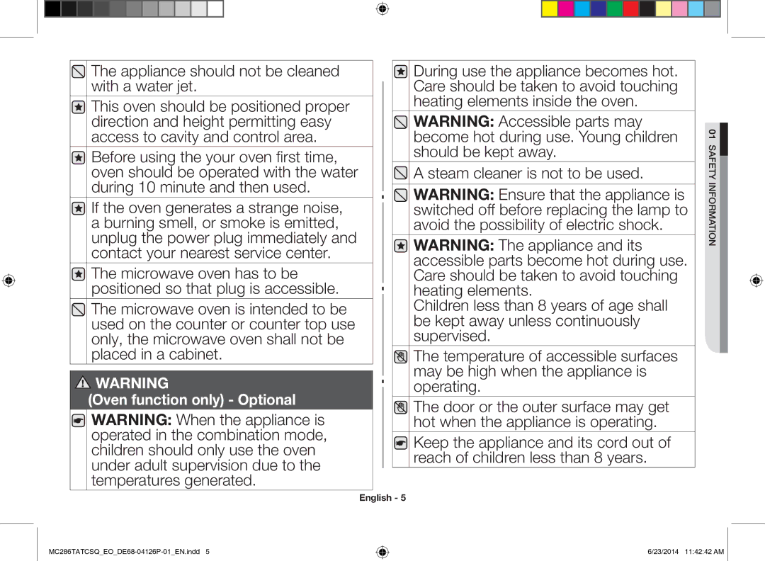 Samsung MC286TATCSQ/EO manual Appliance should not be cleaned with a water jet, Oven function only Optional 