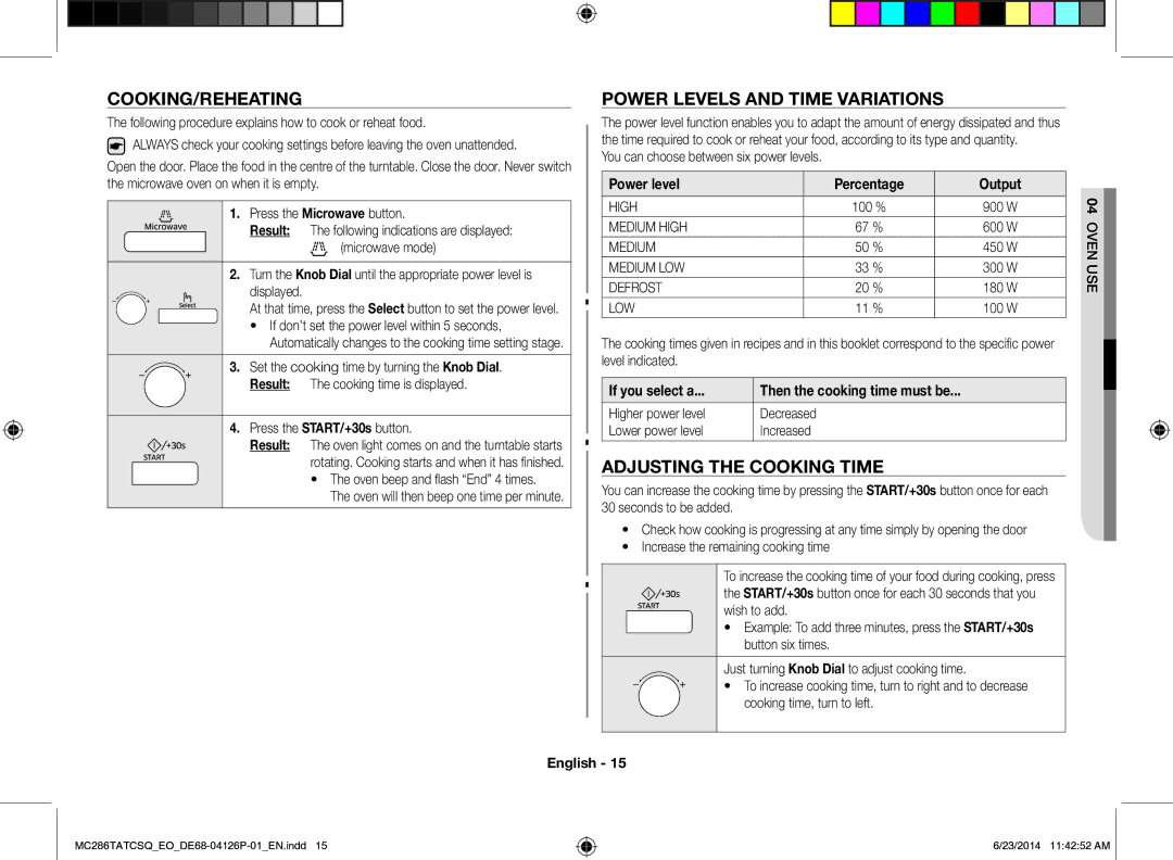 Samsung MC286TATCSQ/EO manual Cooking/Reheating, Power Levels and Time Variations, Adjusting the Cooking Time 