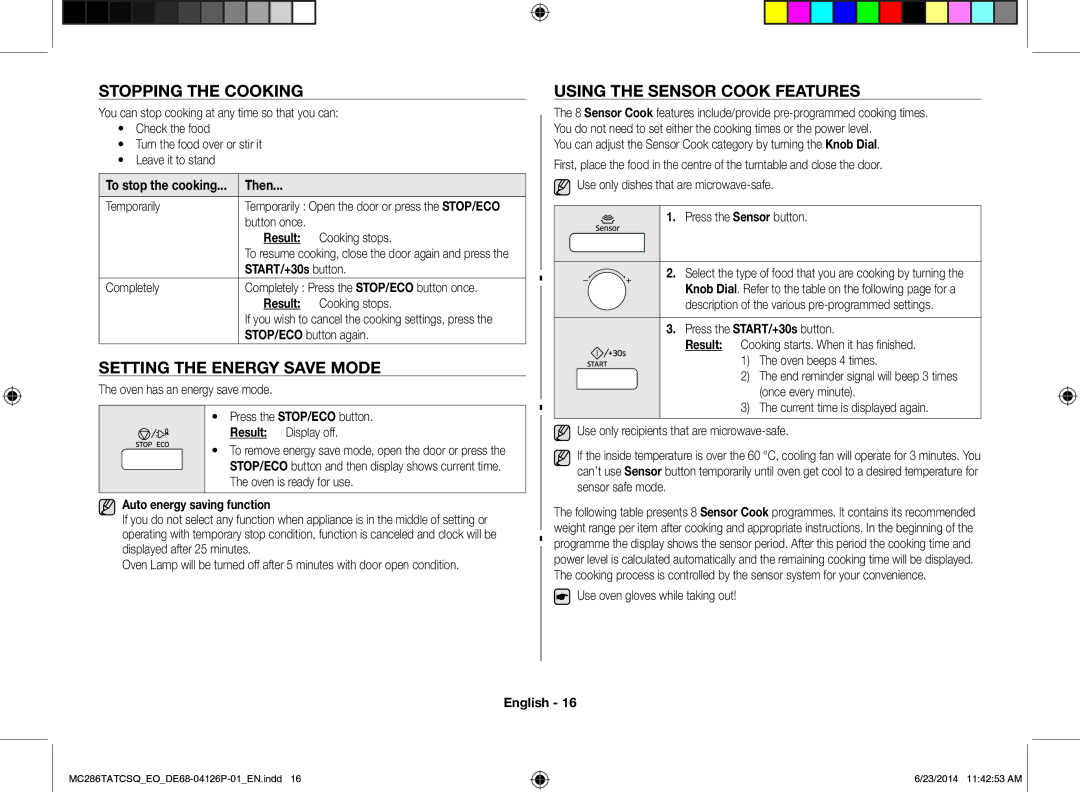 Samsung MC286TATCSQ/EO manual Stopping the Cooking, Setting the Energy Save Mode, Using the Sensor Cook Features 