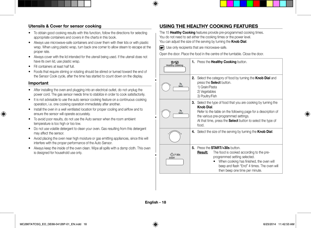 Samsung MC286TATCSQ/EO manual Using the Healthy Cooking Features, Utensils & Cover for sensor cooking 