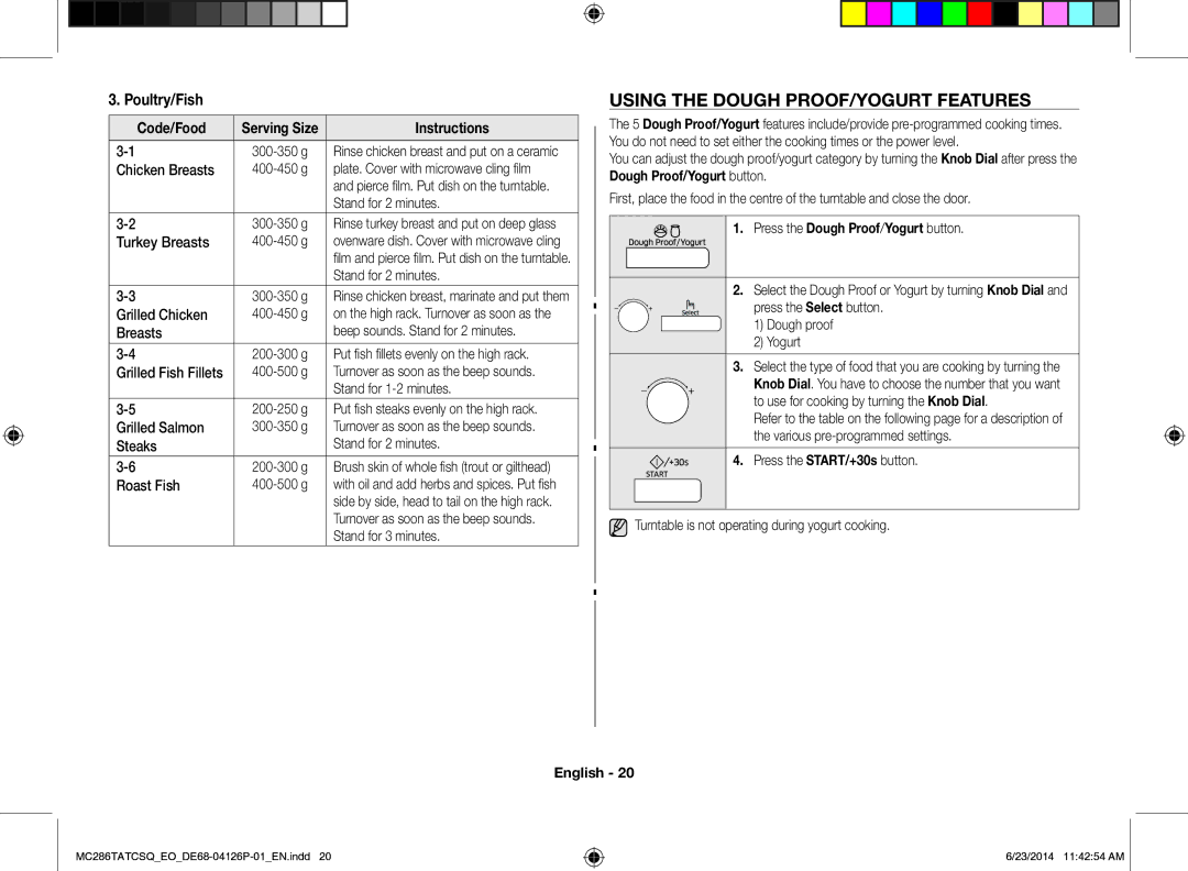 Samsung MC286TATCSQ/EO manual Using the Dough PROOF/YOGURT Features, Poultry/Fish, Press the Dough Proof/Yogurt button 