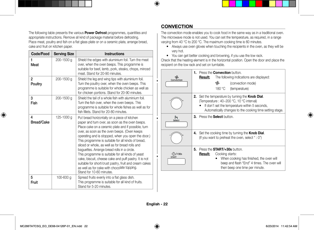 Samsung MC286TATCSQ/EO manual Convection, Code/Food Serving Size 