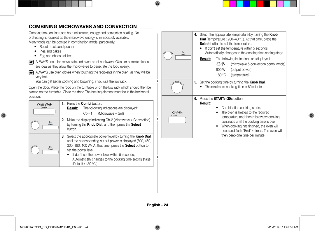 Samsung MC286TATCSQ/EO manual Combining Microwaves and Convection, Select button to set the temperature 