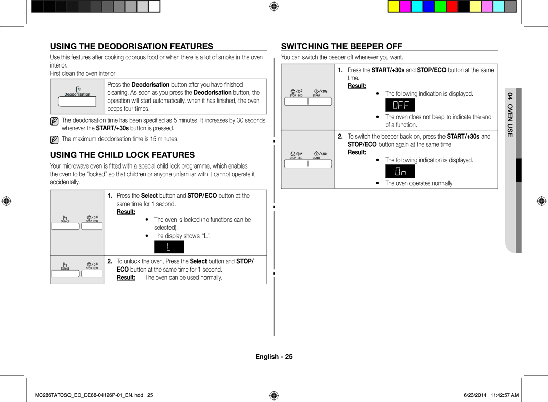 Samsung MC286TATCSQ/EO manual Using the Deodorisation Features, Using the Child Lock Features, Switching the Beeper OFF 