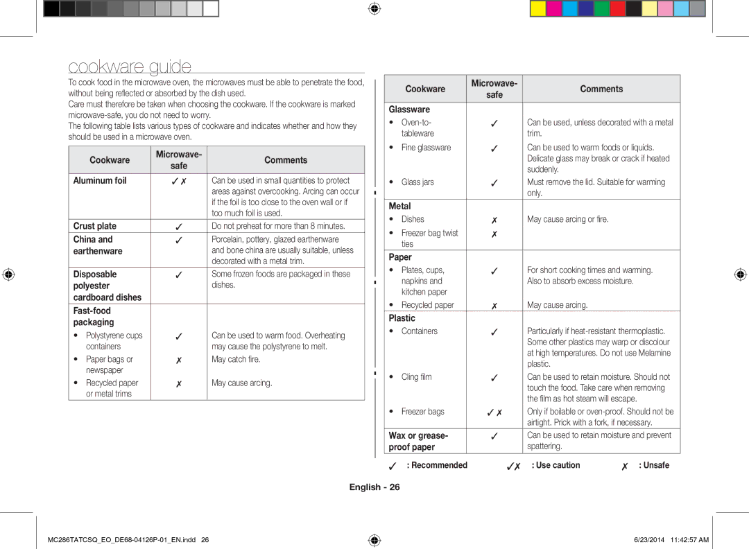 Samsung MC286TATCSQ/EO manual Cookware guide 