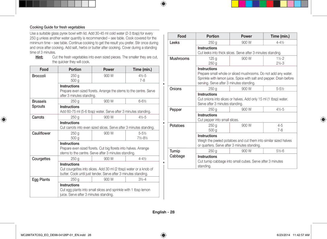 Samsung MC286TATCSQ/EO manual Food Portion Power Time min 