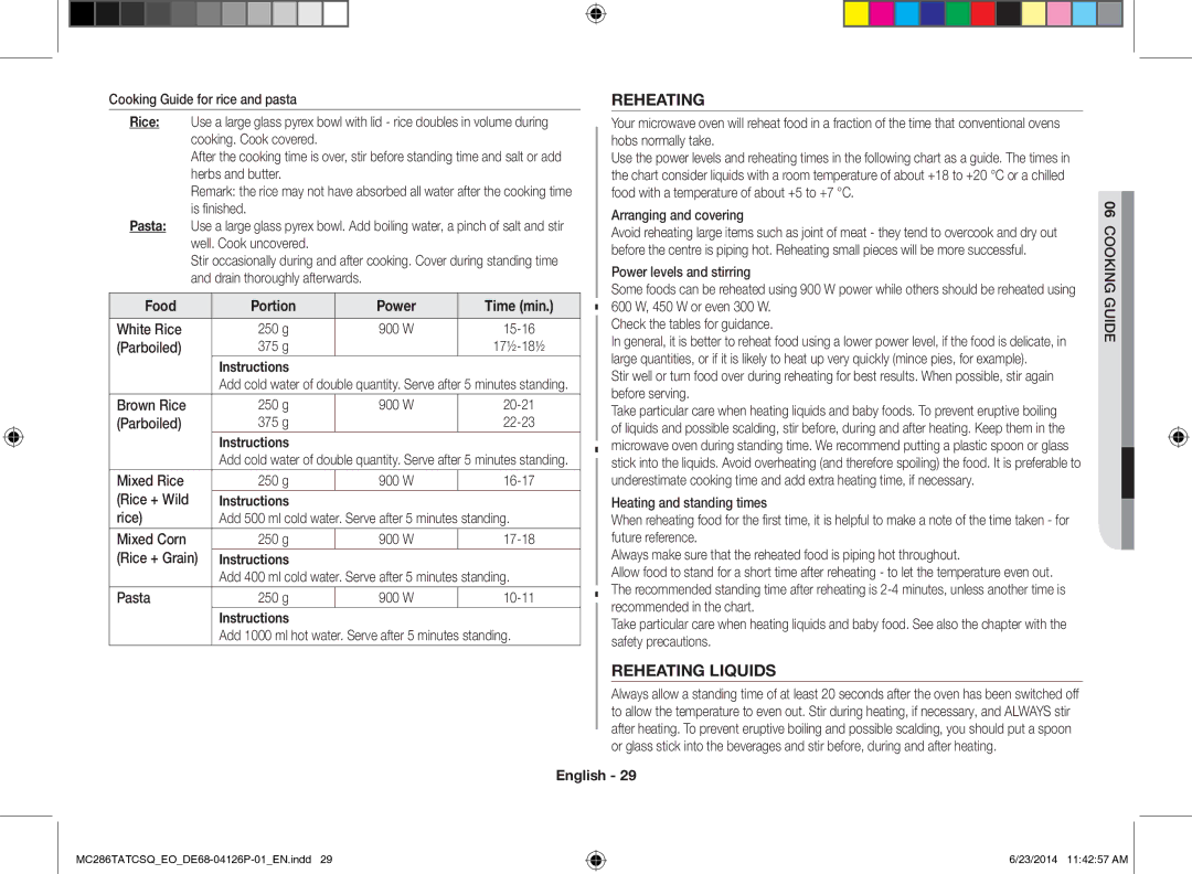 Samsung MC286TATCSQ/EO manual Reheating Liquids, Cooking Guide 