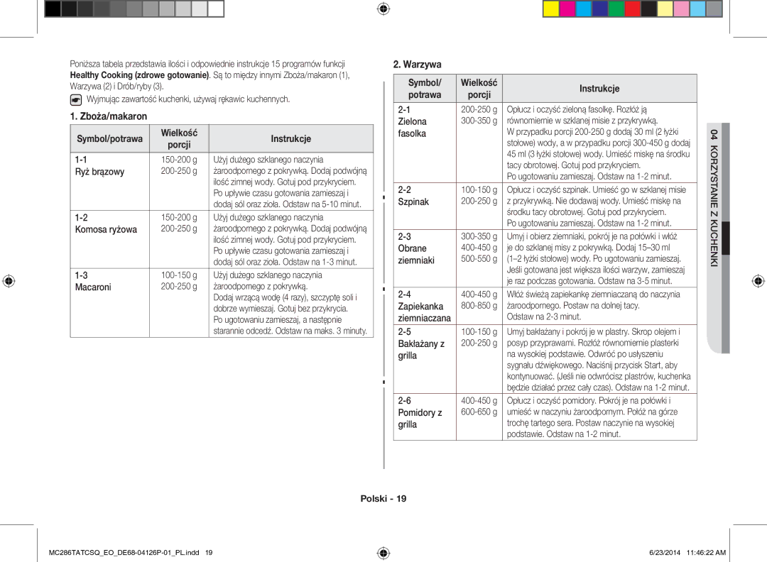 Samsung MC286TATCSQ/EO manual Zboża/makaron, Warzywa, Wielkość Instrukcje 