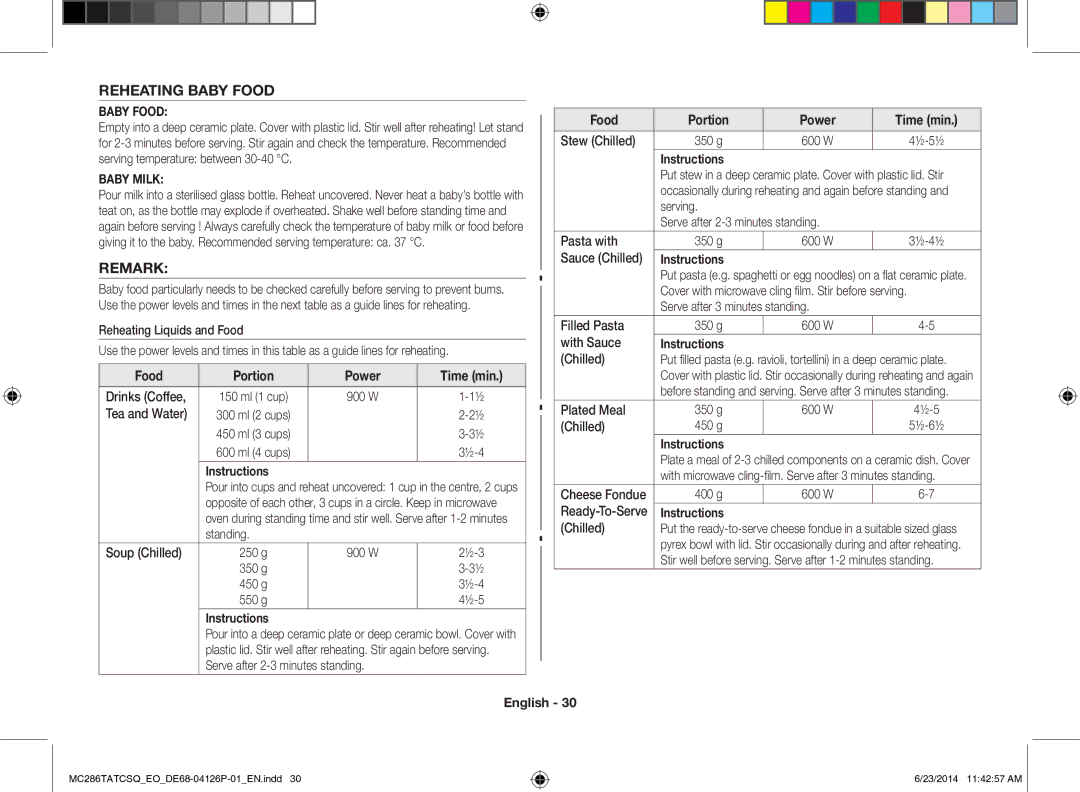 Samsung MC286TATCSQ/EO manual Reheating Baby Food, Remark, Food Portion 