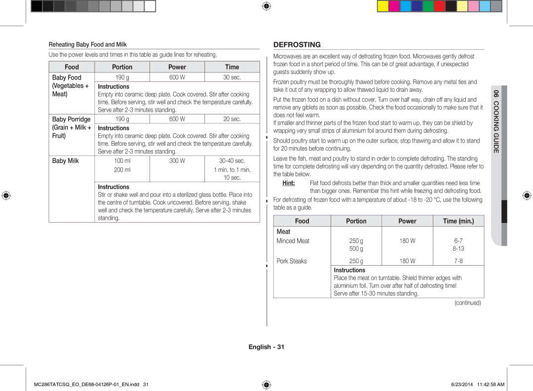 Samsung MC286TATCSQ/EO manual Defrosting, Food Portion Power Time 