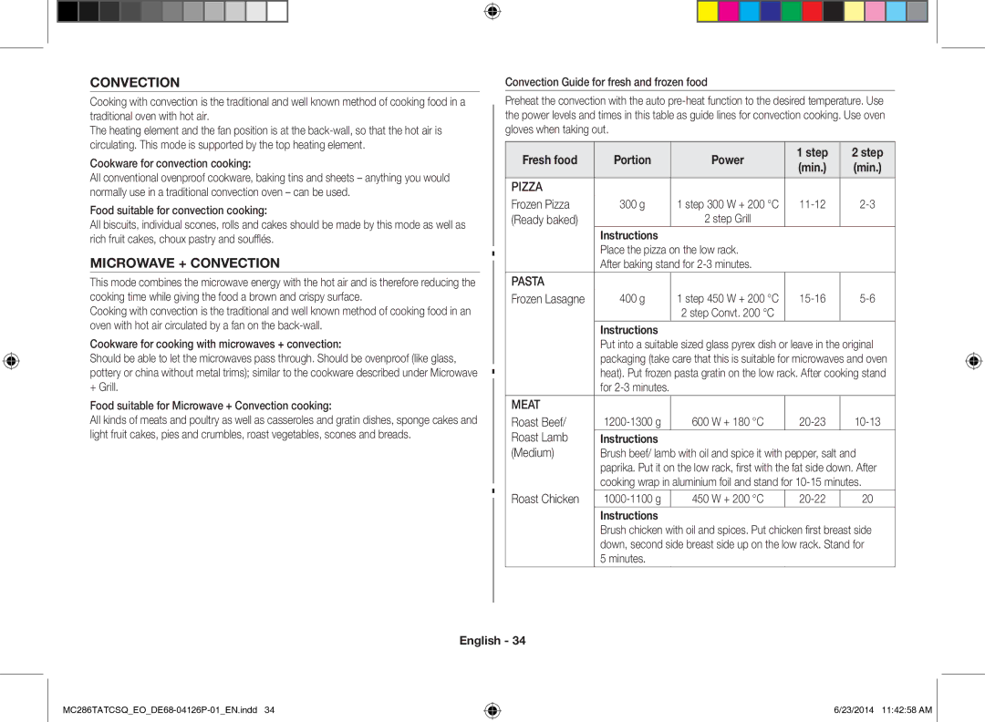 Samsung MC286TATCSQ/EO manual Microwave + Convection, Fresh food Portion Power Step, Pasta, Meat 