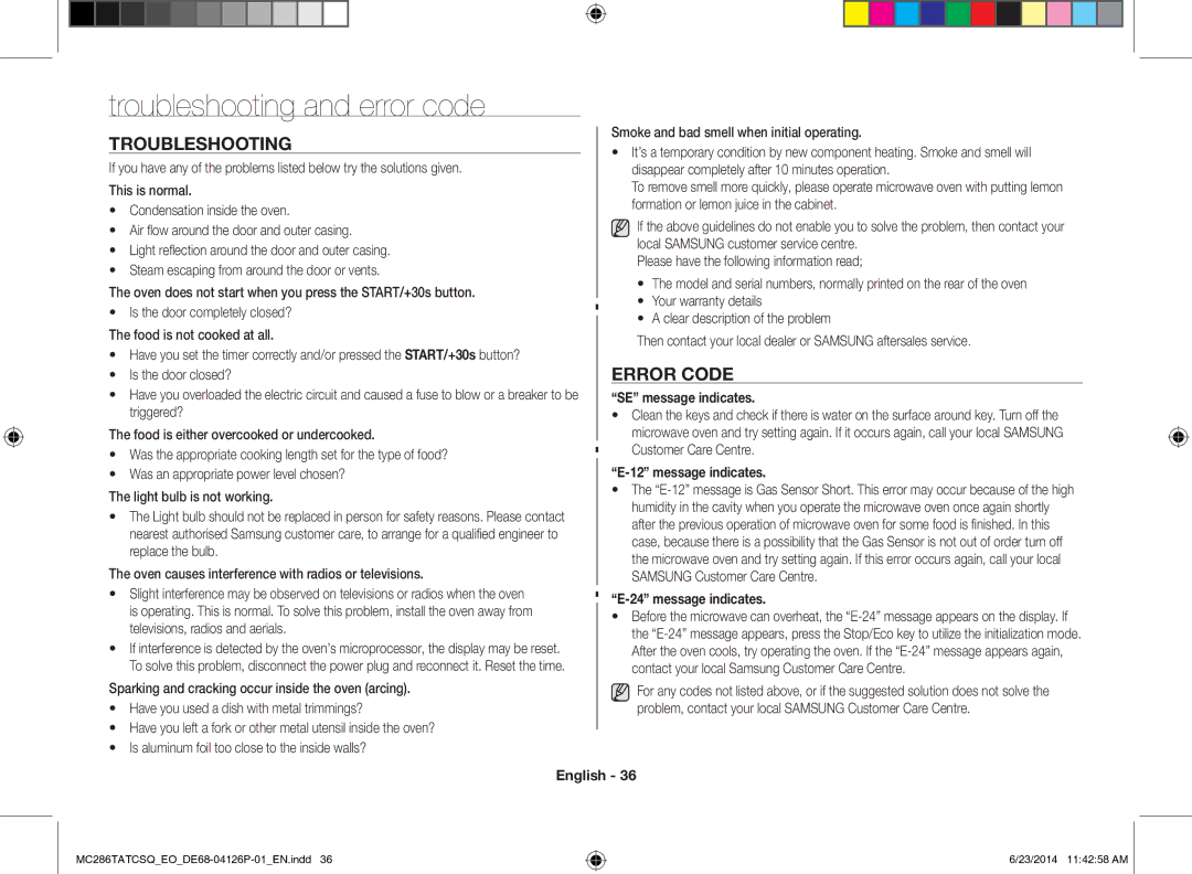 Samsung MC286TATCSQ/EO manual Troubleshooting and error code, Error Code, SE message indicates, Message indicates 