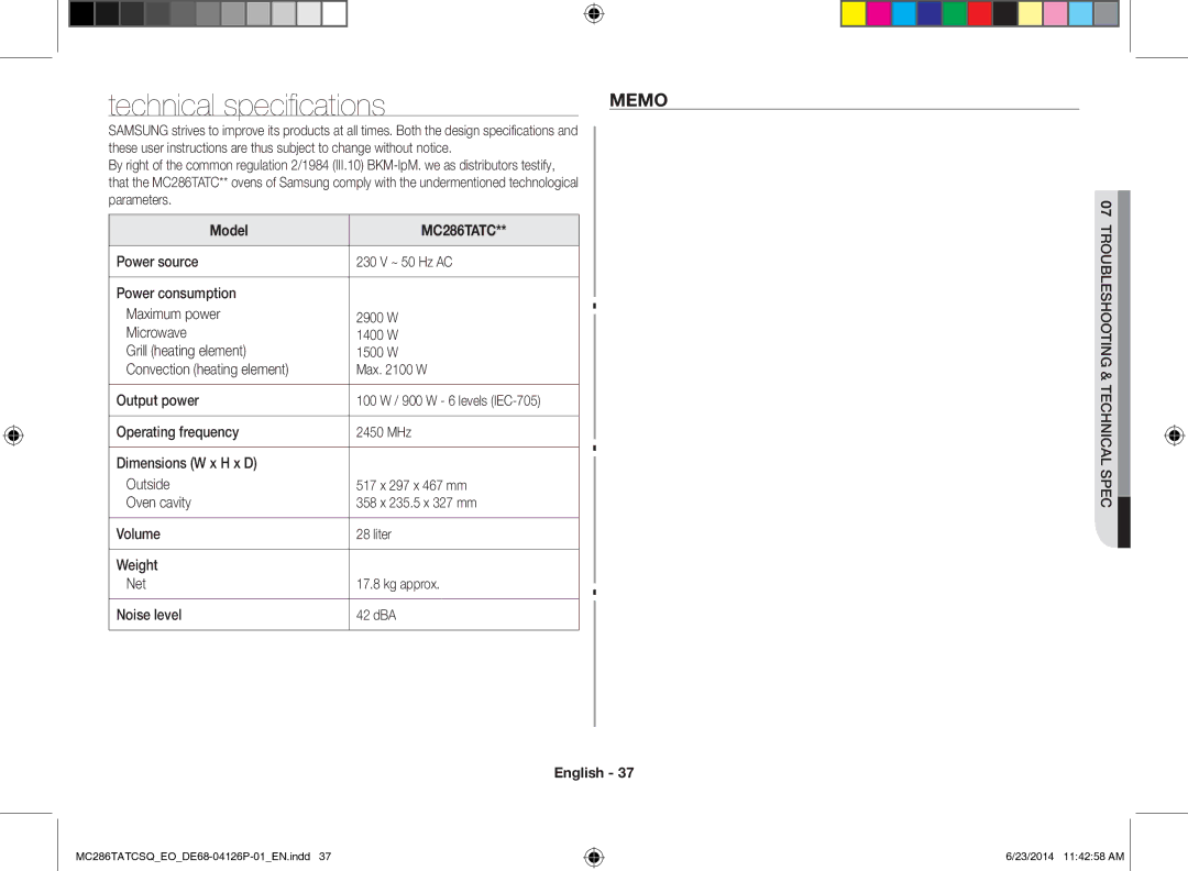 Samsung MC286TATCSQ/EO manual Technical specifications, Memo, Parameters, 100 W / 900 W 6 levels IEC-705 