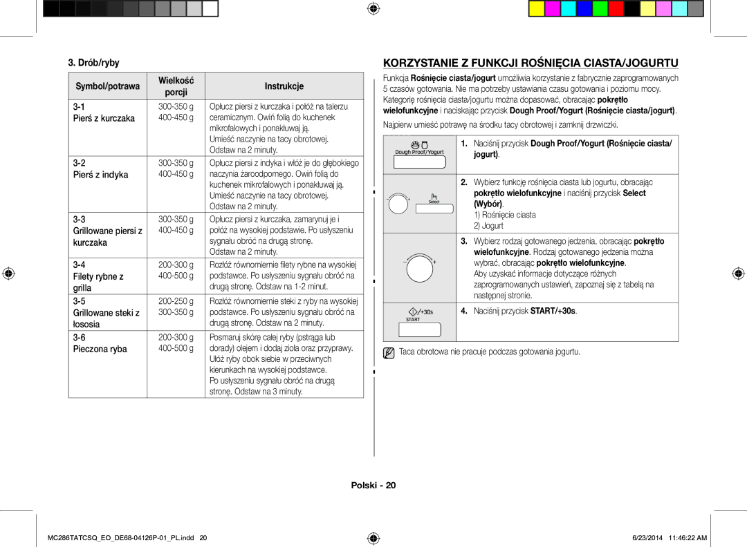 Samsung MC286TATCSQ/EO manual Korzystanie Z Funkcji Rośnięcia CIASTA/JOGURTU, Drób/ryby 