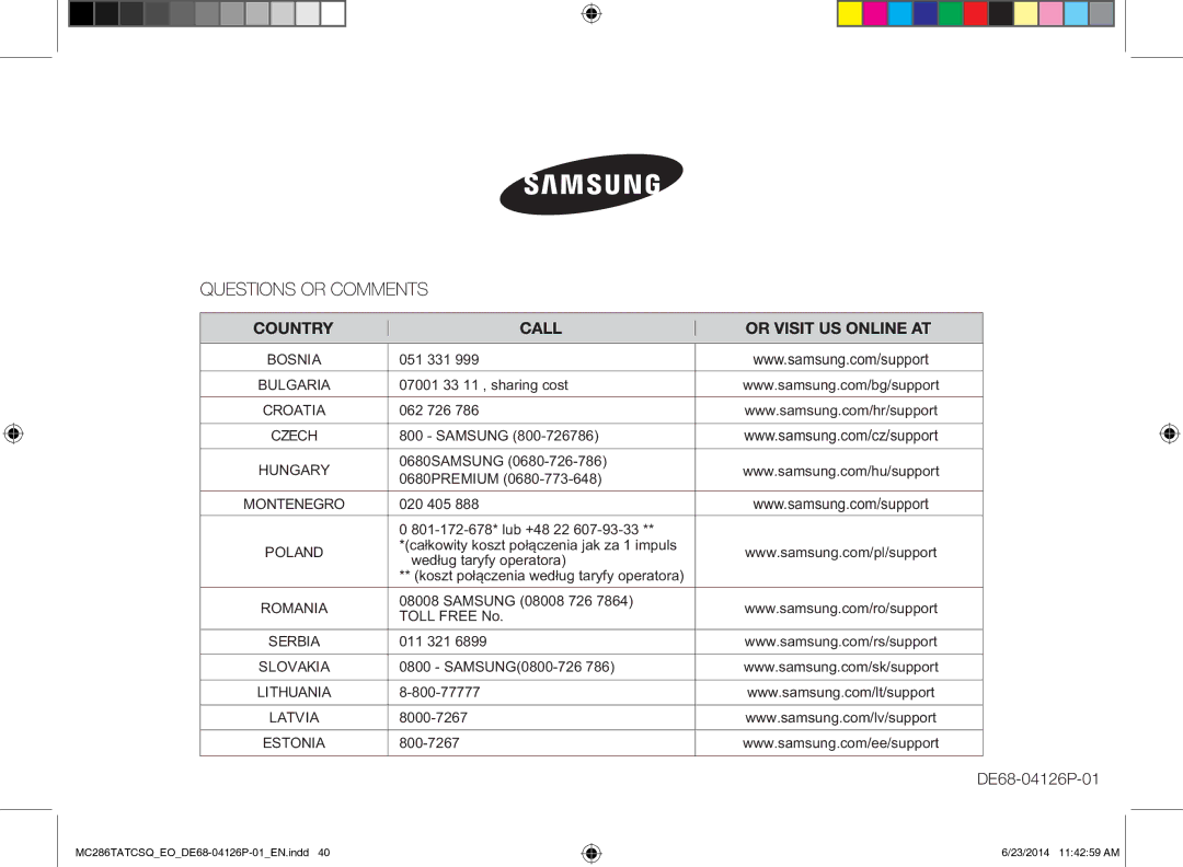 Samsung MC286TATCSQ/EO manual MC286TATCSQEODE68-04126P-01EN.indd 23/2014 114259 AM 