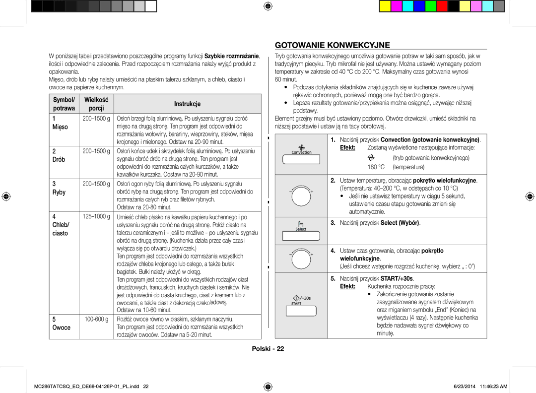 Samsung MC286TATCSQ/EO manual Gotowanie Konwekcyjne, Wielofunkcyjne 