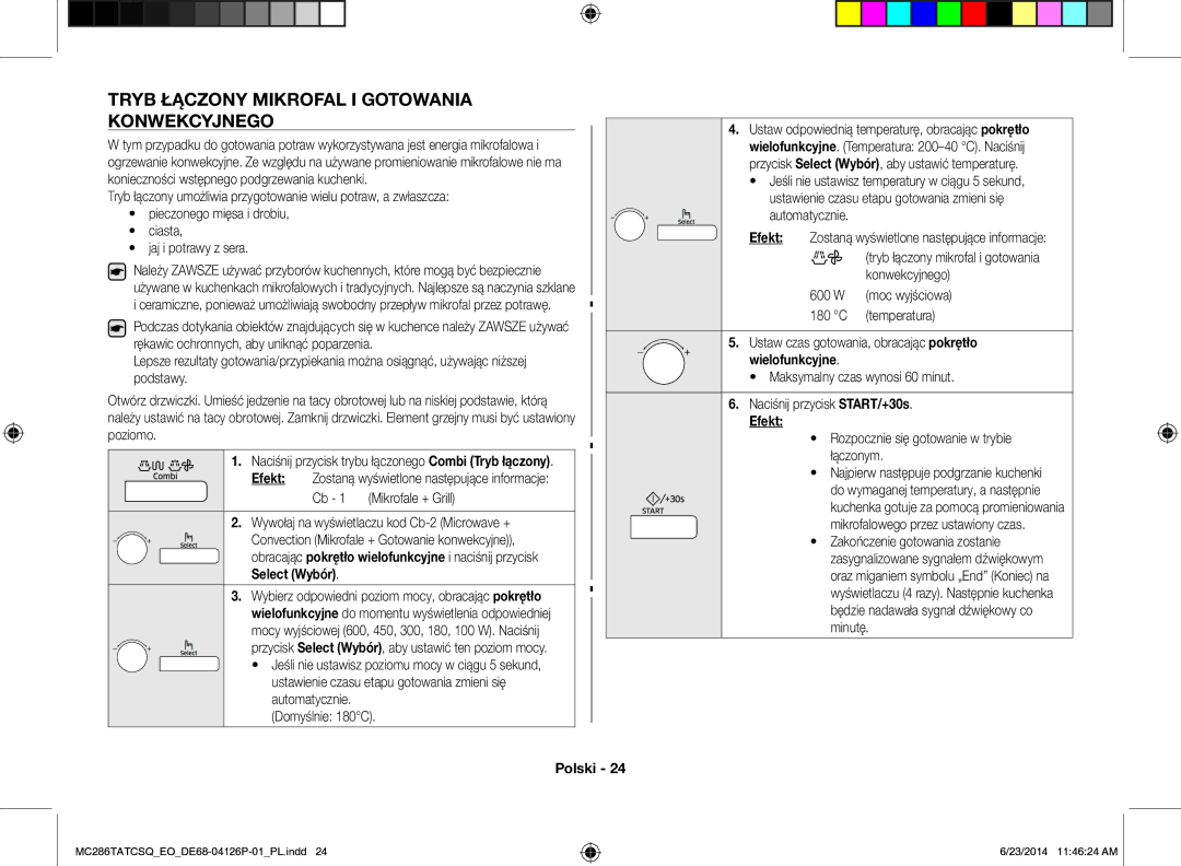 Samsung MC286TATCSQ/EO manual Tryb Łączony Mikrofal I Gotowania Konwekcyjnego, Rozpocznie się gotowanie w trybie łączonym 