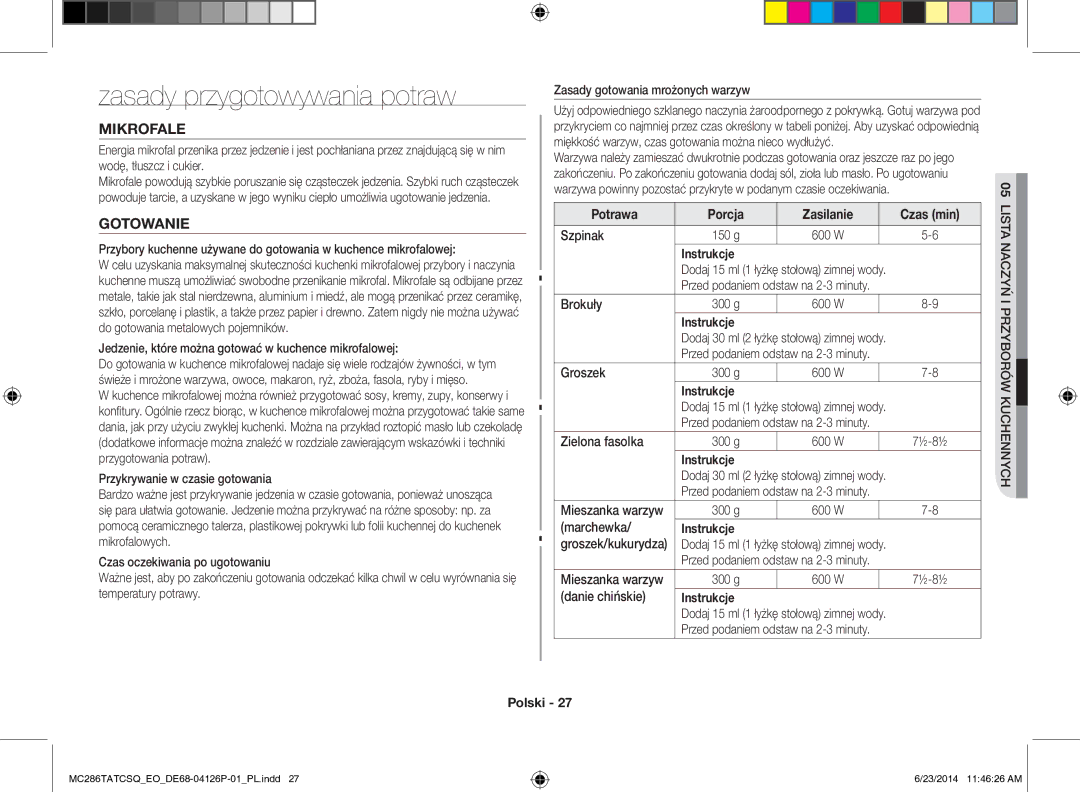 Samsung MC286TATCSQ/EO manual Zasady przygotowywania potraw, Mikrofale, Gotowanie, Potrawa Porcja Zasilanie Czas min 