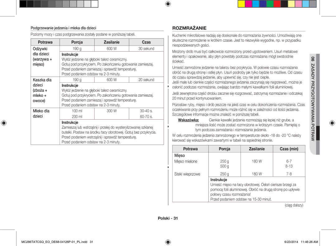 Samsung MC286TATCSQ/EO manual Rozmrażanie, Potrawa Porcja Zasilanie Czas 