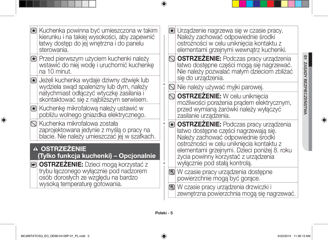 Samsung MC286TATCSQ/EO manual Tylko funkcja kuchenki Opcjonalnie 