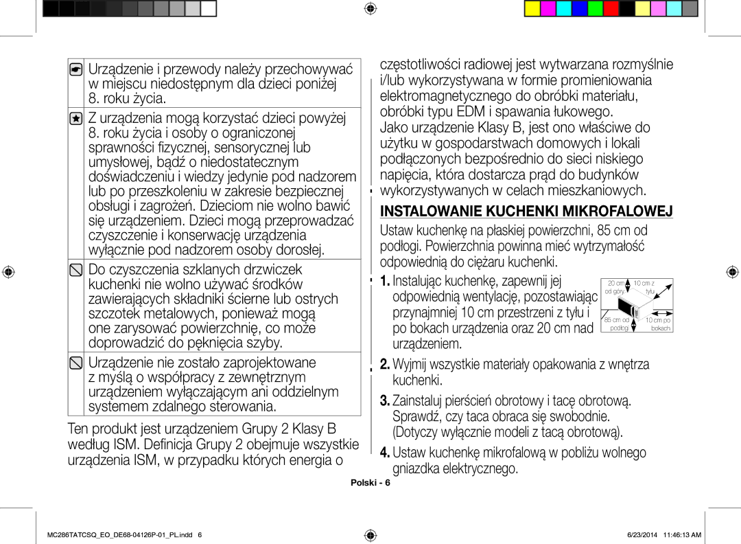 Samsung MC286TATCSQ/EO manual Do czyszczenia szklanych drzwiczek, Instalowanie Kuchenki Mikrofalowej 