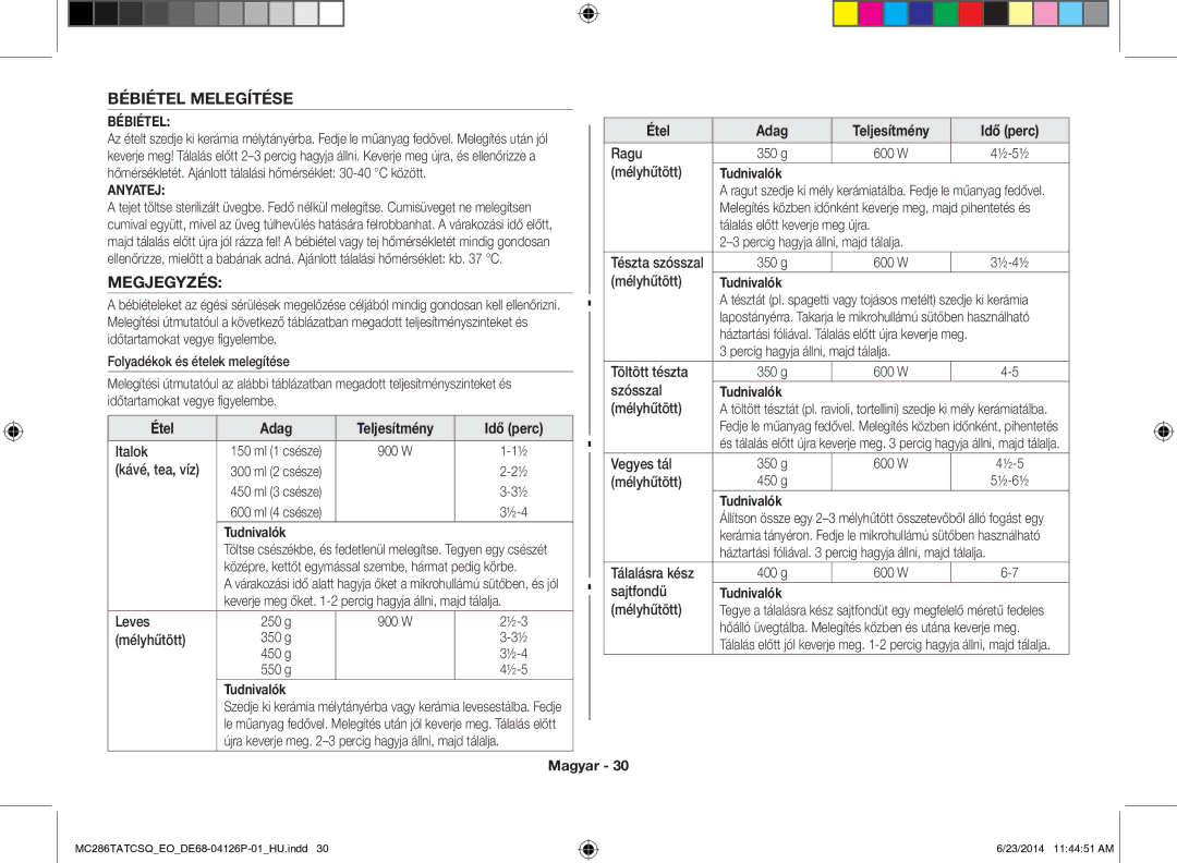 Samsung MC286TATCSQ/EO manual Bébiétel Melegítése, Megjegyzés, Étel Adag 