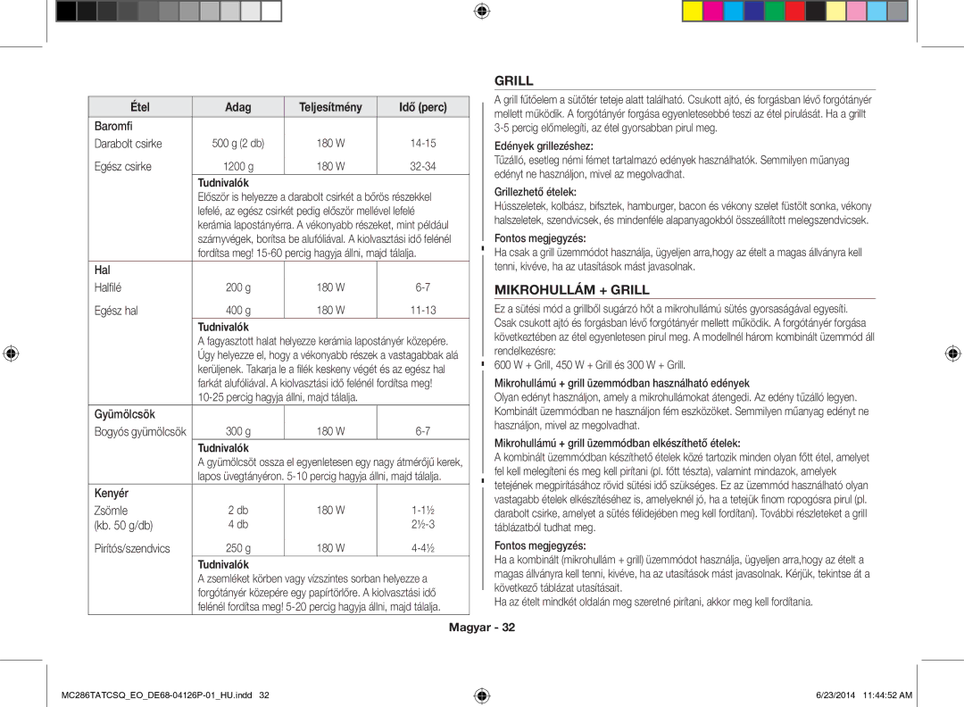 Samsung MC286TATCSQ/EO manual Mikrohullám + Grill 